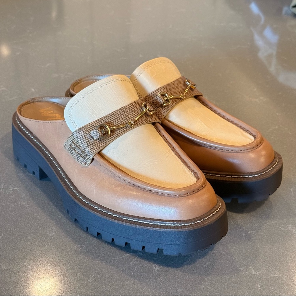 Sam Edelman Leather Two-Tone Slide Loafers in Tan and Cream
